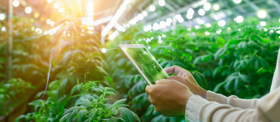 Canvas Print - technology farm concept background. young farmer use tablet at greenhouse hydroponic farm