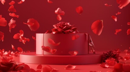 Wall Mural - A red box with a rose on top of it is surrounded by red petals