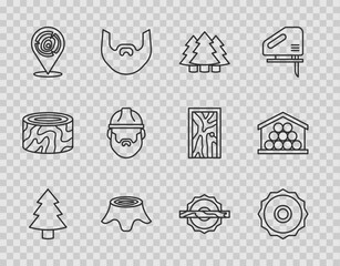 Wall Mural - Set line Christmas tree, Circular saw blade, Tree stump, Wooden logs, Lumberjack, Electric circular and icon. Vector