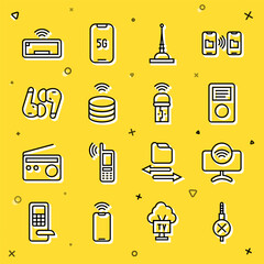 Sticker - Set line No audio jack, Smart Tv system, Music player, Antenna, data server, Air headphones, Computer keyboard and Usb wireless adapter icon. Vector