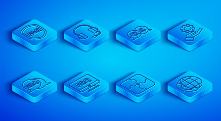 Poster - Set line Shield with text FAQ, Headphones, Question and Answer, Computer monitor, Piece of puzzle, Settings in the hand, Speech bubble and Telephone 24 hours support icon. Vector