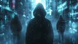 © Exnoi - Visualize the concept of cybersecurity threats targeting cryptocurrencies, such as hooded figures representing hackers in front of code filled screens, or digital locks being picked by malware.