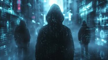 Visualize the concept of cybersecurity threats targeting cryptocurrencies, such as hooded figures representing hackers in front of code filled screens, or digital locks being picked by malware.