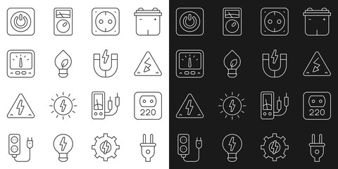 Poster - Set line Electric plug, Electrical outlet, High voltage, Light bulb with leaf, Ampere meter, multimeter, Power button and Magnet icon. Vector