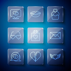 Poster - Set line Heart in speech bubble, Broken heart or divorce, with wings, Wedding cake, Shopping bag, shaped love glasses, Location and Envelope Valentine icon. Vector