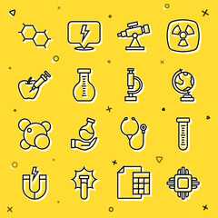 Poster - Set line Processor CPU, Test tube, Earth globe, Telescope, Genetically modified apple, Chemical formula and Microscope icon. Vector