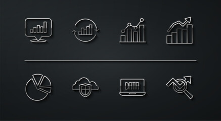 Poster - Set line Pie chart infographic, Financial growth, Data analysis, Cloud and shield, Search data and icon. Vector