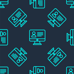 Poster - Green line Online class icon isolated seamless pattern on blue background. Online education concept. Vector