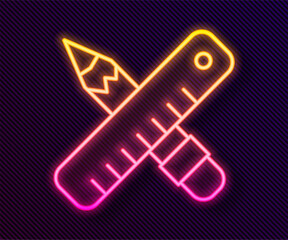 Poster - Glowing neon line Crossed ruler and pencil icon isolated on black background. Straightedge symbol. Drawing and educational tools. Vector