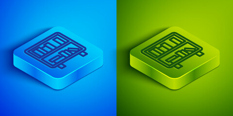 Poster - Isometric line Shelf with books icon isolated on blue and green background. Shelves sign. Square button. Vector