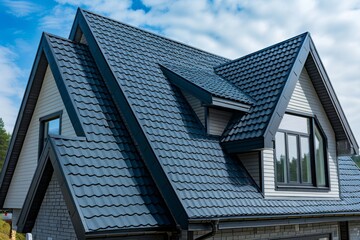 Wall Mural - A sleek dark metal dart roof window installed on a pitched roof under a clear blue sky.