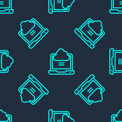 Poster - Green line Network cloud connection icon isolated seamless pattern on blue background. Social technology. Cloud computing concept. Vector