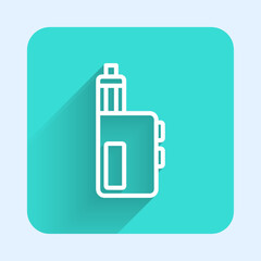 Wall Mural - White line Vape mod device icon isolated with long shadow background. Vape smoking tool. Vaporizer Device. Green square button. Vector