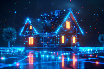 Canvas Print - House with futuristic network connection technology big data. Blue neon background.