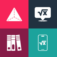 Poster - Set pop art Square root of x glyph, Office folders, and Geometric figure Tetrahedron icon. Vector