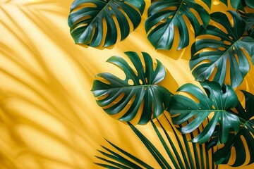 Canvas Print - An upright view of a green tropical leaf, Monstera, on a yellow background, with a copyspace element. Summer concept with a palm tree leaf.