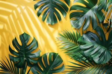 Aufkleber - Detailed top view of green tropical leaf Monstera shadow on yellow background. Summer concept with palm leaf.
