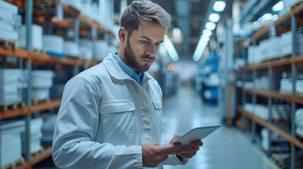 Aufkleber - Worker working in a modern factory with a tablet in his hands. Generative AI.