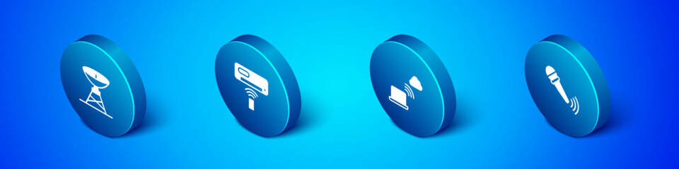 Poster - Set Isometric Satellite dish, Network cloud connection, Wireless microphone and Air conditioner icon. Vector