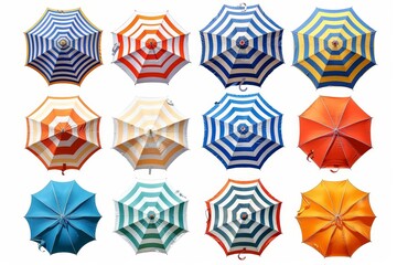 Poster - White background with striped beach umbrellas. Banner design.