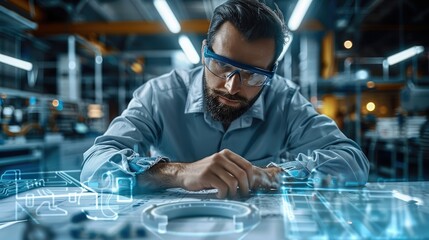 Fototapete - Professional engineer sitting at a table with drawings, using augmented reality on a mobile device to display digital twin engineering of an HVAC system. Generative AI.