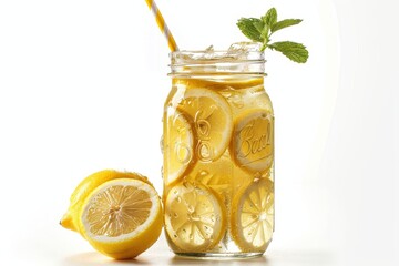 Wall Mural - Lemonade in a mason jar with lemons and straw on a white background