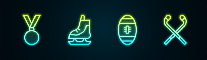 Wall Mural - Set line Medal, Skates, American Football ball and Ice hockey sticks. Glowing neon icon. Vector