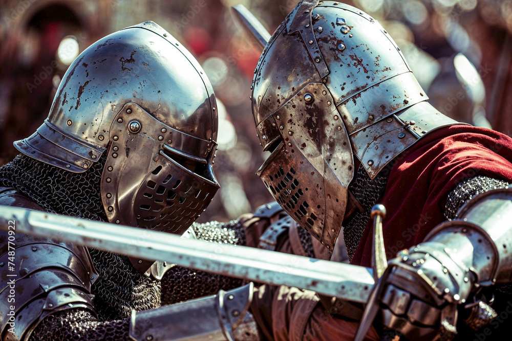 Two knights in armor sword fighting closeup, medieval, Renaissance Fair ...