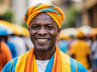 Poster - Smiling African man on the street market with colorful robe.