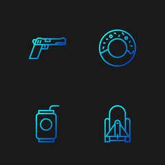 Wall Mural - Set line Rocket launch from the spaceport, Soda can with straw, Pistol gun and Donut. Gradient color icons. Vector