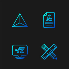 Poster - Set line Crossed ruler and pencil, Square root of x glyph, Geometric figure Tetrahedron and Function mathematical symbol. Gradient color icons. Vector