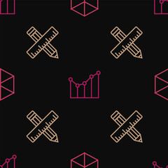 Poster - Set line Geometric figure Cube, Crossed ruler and pencil and Graph, schedule, chart, diagram on seamless pattern. Vector