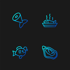 Wall Mural - Set line Mussel, Tropical fish, Fish tail and Served on plate. Gradient color icons. Vector
