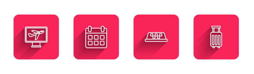 Poster - set line plane, calendar and airplane, taxi car roof and suitcase with long shadow. red square butto