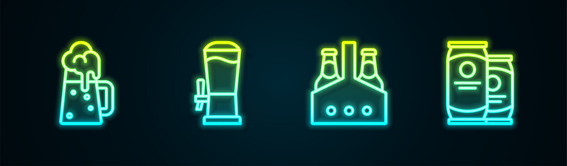 Wall Mural - Set line Wooden beer mug, Beer tap, Pack of bottles and can. Glowing neon icon. Vector