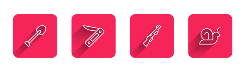 Poster - Set line Shovel, Swiss army knife, Hunting gun and Snail with long shadow. Red square button. Vector