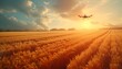 Drone Flies Over Wheat Field at Sunset