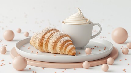 Wall Mural - A cup of coffee and a croissant on a plate