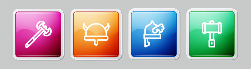 Sticker - Set line Medieval poleaxe, Viking in horned helmet, and Battle hammer. Colorful square button. Vector