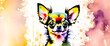 Close up of cute dog's face. Illustration of a long haired chihuahua in vector style. Abstract watercolor background.