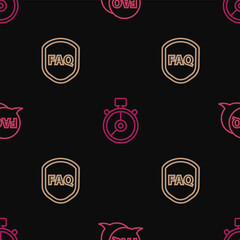 Fototapete - Set line Speech bubble with FAQ, Shield text and Stopwatch on seamless pattern. Vector