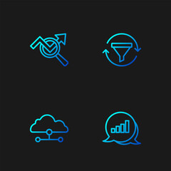 Poster - Set line Pie chart infographic, Network cloud connection, Search data analysis and Sales funnel with. Gradient color icons. Vector