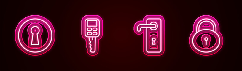 Sticker - Set line Keyhole, Car key with remote, Door handle and Lock. Glowing neon icon. Vector