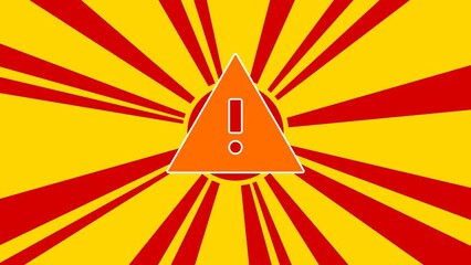 Poster - Warning symbol on the background of animation from moving rays of the sun. Large orange symbol increases slightly. Seamless looped 4k animation on yellow background