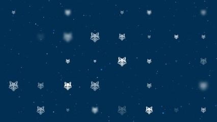 Poster - Template animation of evenly spaced fox's head symbols of different sizes and opacity. Animation of transparency and size. Seamless looped 4k animation on dark blue background with stars