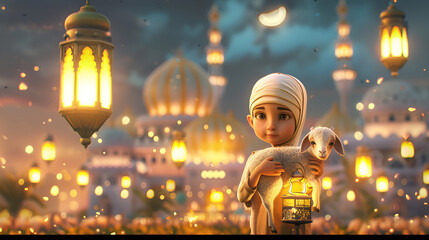 Ramadan banner, child with a lamb in his arms and a lantern on the background of a mosque in cartoon style