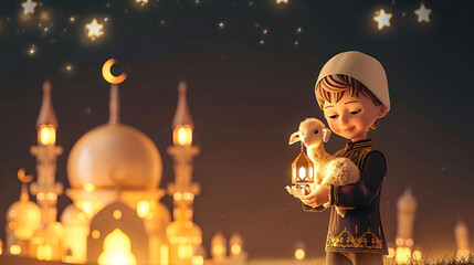 Ramadan banner, child with a lamb in his arms and a lantern on the background of a mosque in cartoon style