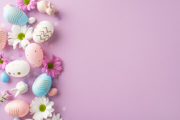 Wall Mural - Elegant Easter scene from a top view, featuring eggs, ceramic hares, flowers, and confetti on a gentle lilac backdrop, with space for text or promotional content