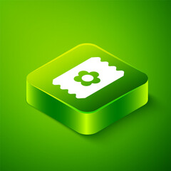 Poster - Isometric Pack full of seeds of a specific plant icon isolated on green background. Green square button. Vector