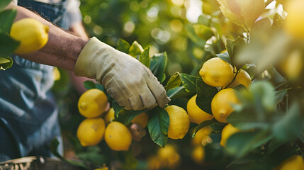 Wall Mural - job advertisement for picking lemons with space for text, lemon picker collecting lemons close-up with space for text